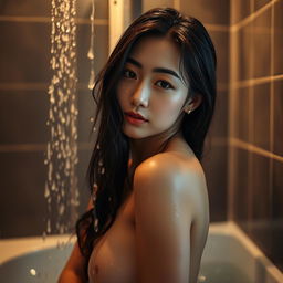 A stunning Korean model captured in a full body image at home, positioned in the shower with soft, dimmed lights creating a serene atmosphere