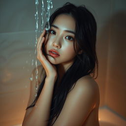 A stunning Korean model captured in a full body image at home, positioned in the shower with soft, dimmed lights creating a serene atmosphere