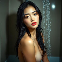 A stunning Korean model captured in a full body image at home, positioned in the shower with soft, dimmed lights creating a serene atmosphere