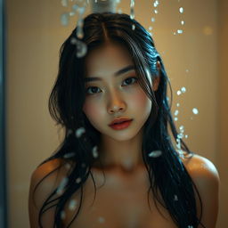 A stunning Korean model captured in a full body image at home, positioned in the shower with soft, dimmed lights creating a serene atmosphere