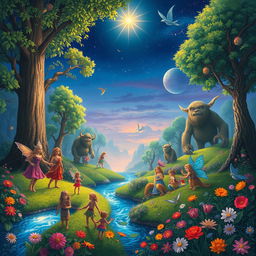 A vibrant, fantastical landscape depicting various inhabitants like mythical creatures, peace-loving nomads, and colorful flora