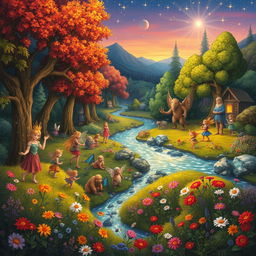 A vibrant, fantastical landscape depicting various inhabitants like mythical creatures, peace-loving nomads, and colorful flora