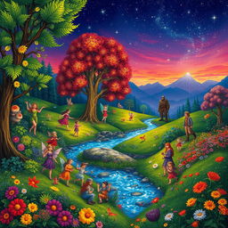 A vibrant, fantastical landscape depicting various inhabitants like mythical creatures, peace-loving nomads, and colorful flora