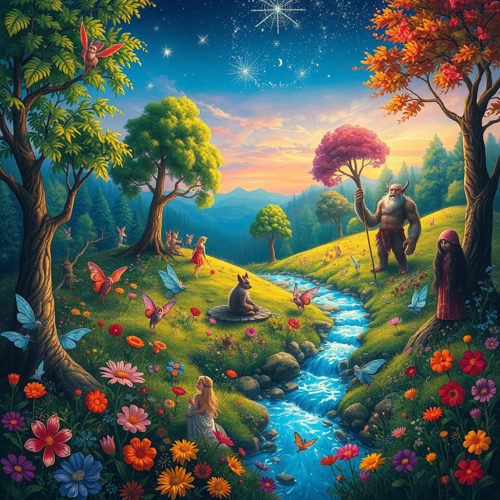 A vibrant, fantastical landscape depicting various inhabitants like mythical creatures, peace-loving nomads, and colorful flora