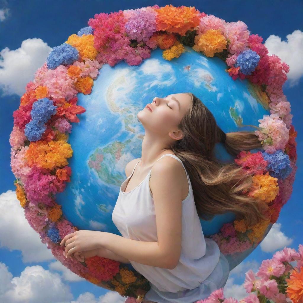 A serene scene of a girl gently lying on a globe overflowing with vivid, colorful blossoms, amidst a sky teeming with fluffy clouds.