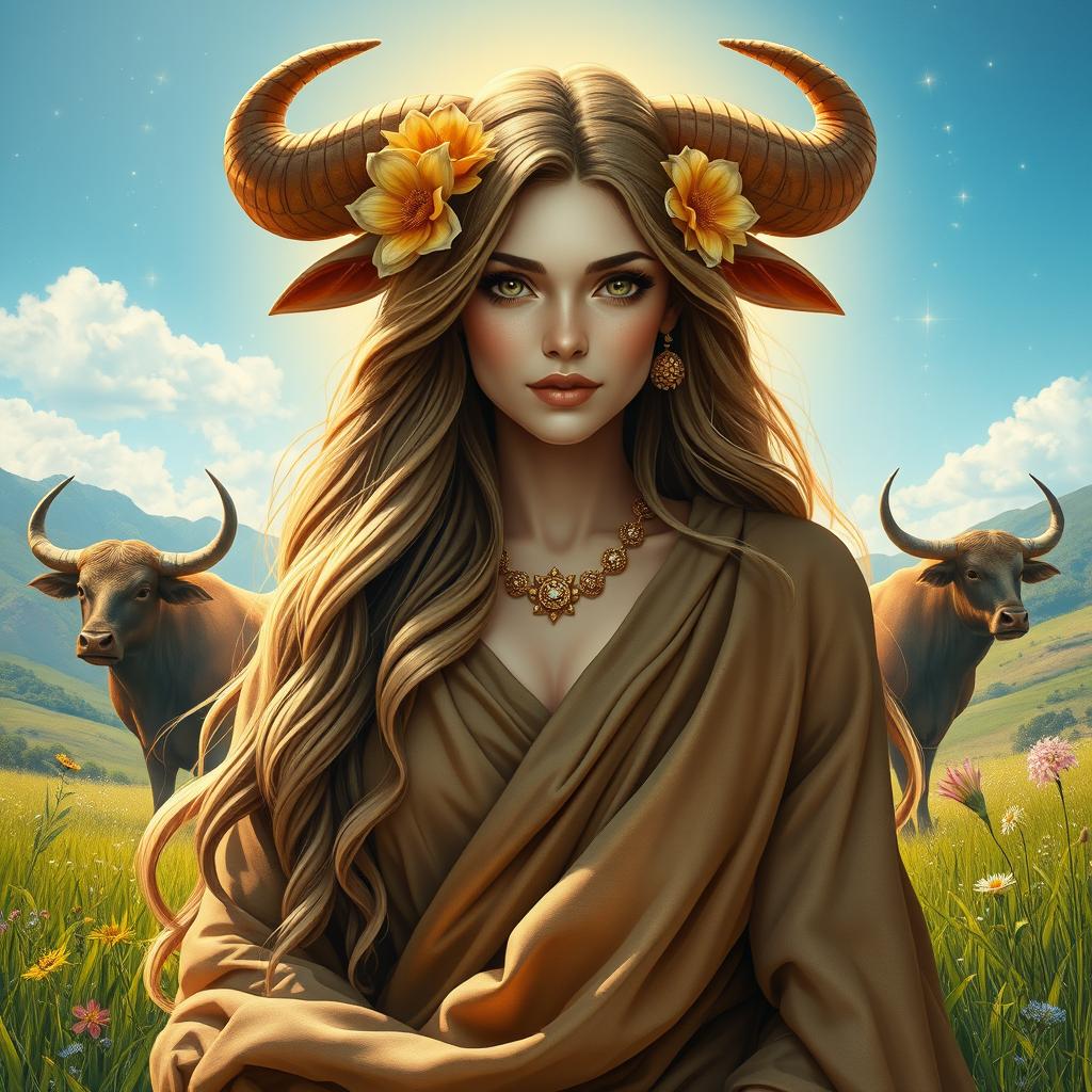 A stunning depiction of a Taurus goddess, characterized by her strong and nurturing presence