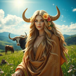 A stunning depiction of a Taurus goddess, characterized by her strong and nurturing presence