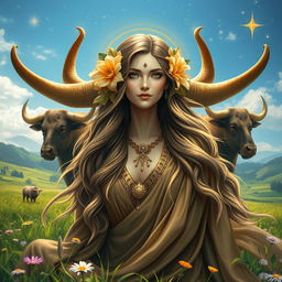 A stunning depiction of a Taurus goddess, characterized by her strong and nurturing presence