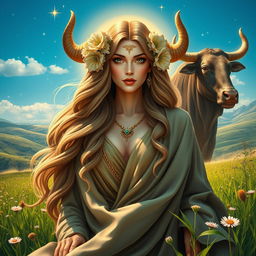 A stunning depiction of a Taurus goddess, characterized by her strong and nurturing presence