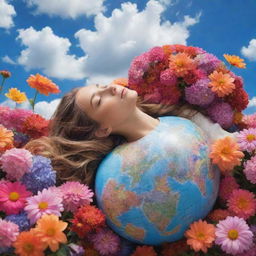 A serene scene of a girl gently lying on a globe overflowing with vivid, colorful blossoms, amidst a sky teeming with fluffy clouds.