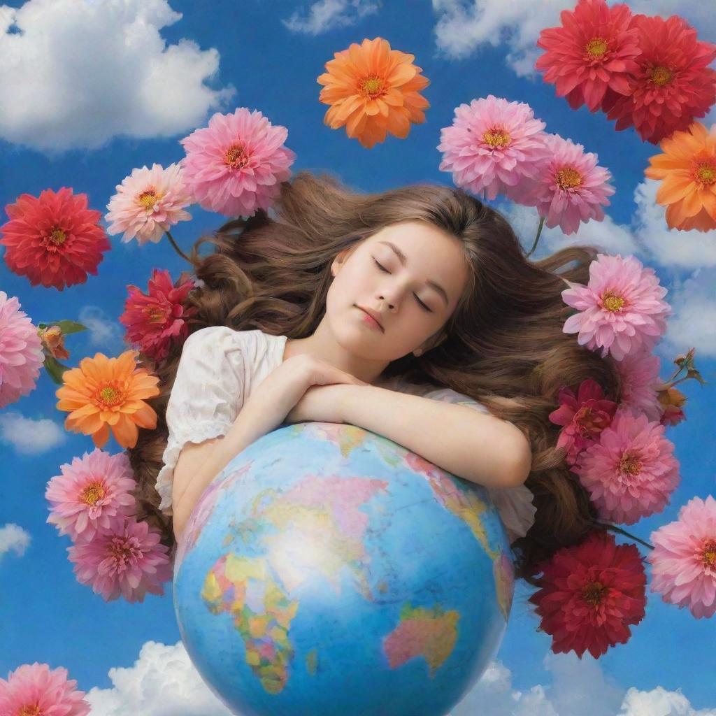 A serene scene of a girl gently lying on a globe overflowing with vivid, colorful blossoms, amidst a sky teeming with fluffy clouds.