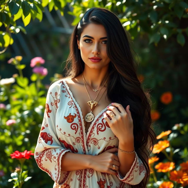 A stunning Taurus woman with long, flowing dark hair, wearing a beautifully designed bohemian-style dress adorned with zodiac motifs