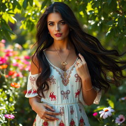 A stunning Taurus woman with long, flowing dark hair, wearing a beautifully designed bohemian-style dress adorned with zodiac motifs