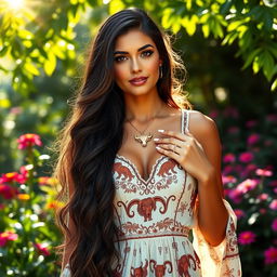 A stunning Taurus woman with long, flowing dark hair, wearing a beautifully designed bohemian-style dress adorned with zodiac motifs