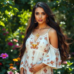 A stunning Taurus woman with long, flowing dark hair, wearing a beautifully designed bohemian-style dress adorned with zodiac motifs