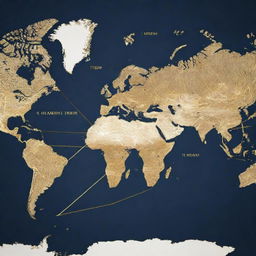 Illustrate a global map, with golden lines interconnecting important cities of different countries, signifying their interdependence.