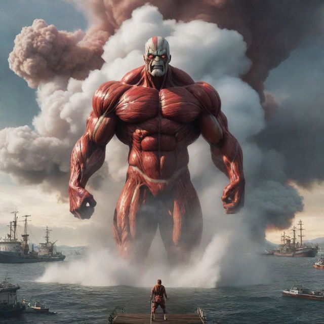 Instead of a nuclear explosion, a 60-meter tall Colossal Titan emerging from a cloud of smoke and steam with power and fury, standing tall over the disrupted harbor.