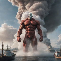 Instead of a nuclear explosion, a 60-meter tall Colossal Titan emerging from a cloud of smoke and steam with power and fury, standing tall over the disrupted harbor.