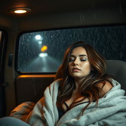 A beautiful and sexy woman with prominent curves, peacefully sleeping inside a van during a heavy rainstorm at night