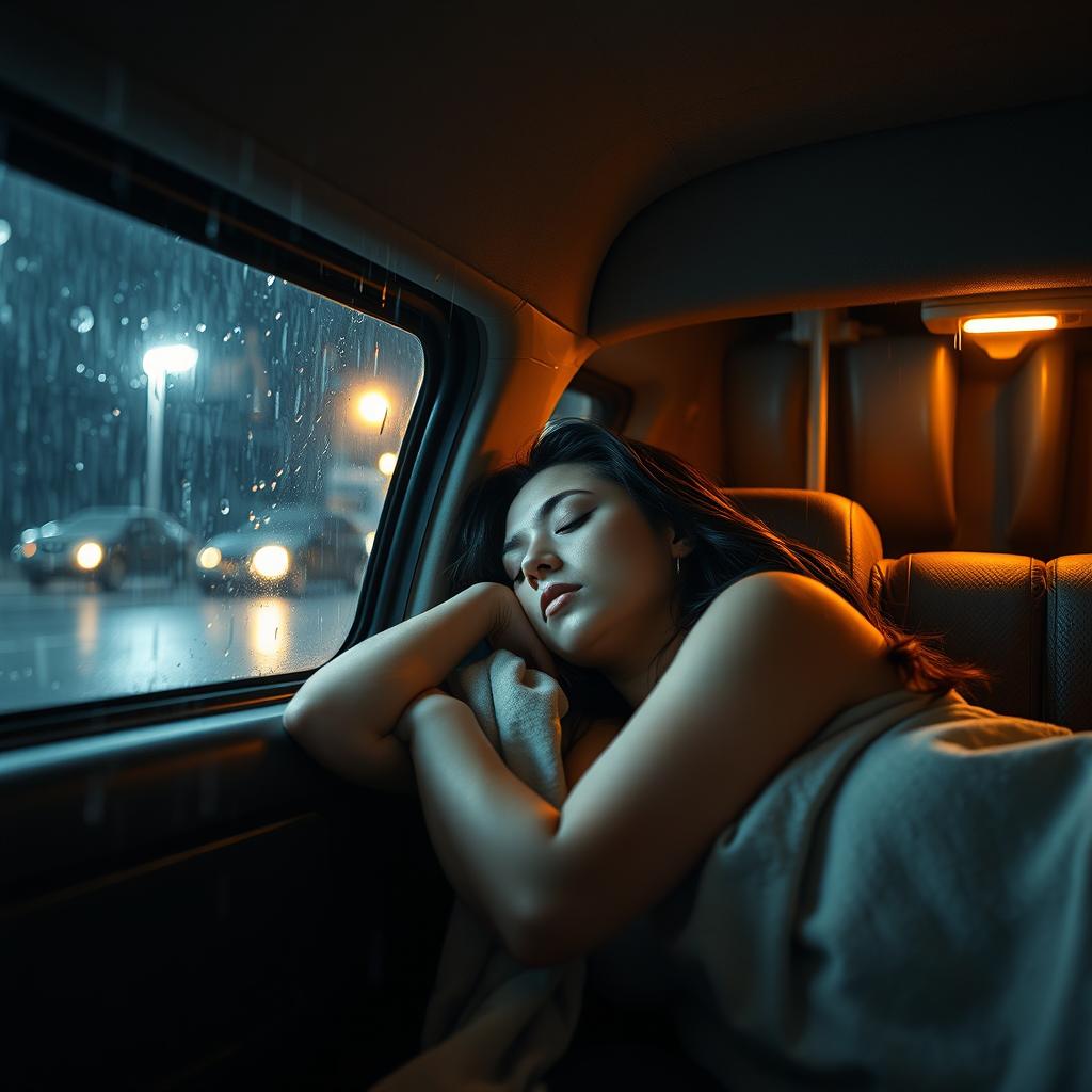 A beautiful and sexy woman with prominent curves, peacefully sleeping inside a van during a heavy rainstorm at night