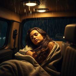 A beautiful and sexy woman with prominent curves, peacefully sleeping inside a van during a heavy rainstorm at night