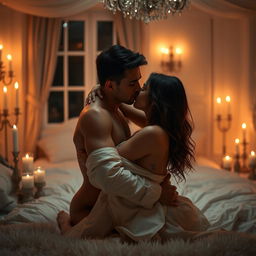 A sensual and romantic atmosphere featuring an intimate scene of two lovers embracing each other in a dimly lit room decorated with soft, warm lighting