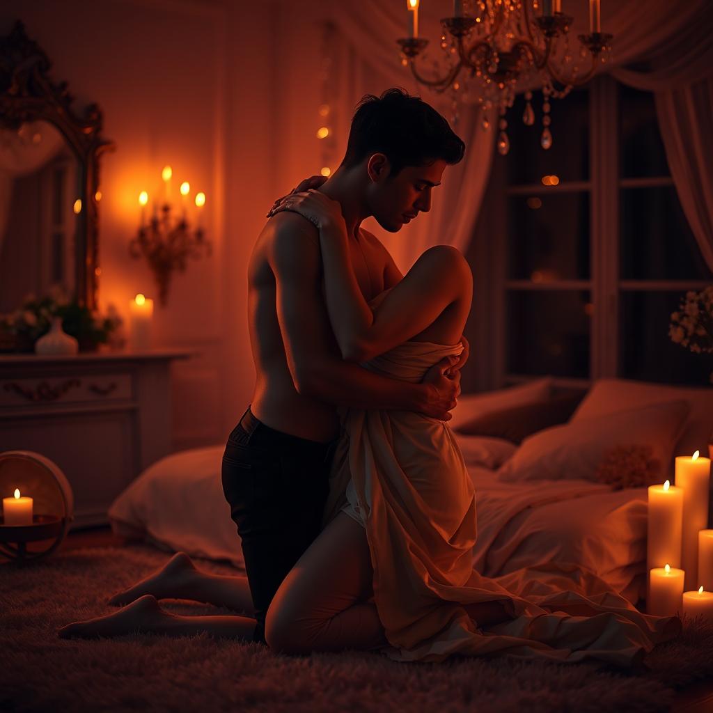 A sensual and romantic atmosphere featuring an intimate scene of two lovers embracing each other in a dimly lit room decorated with soft, warm lighting