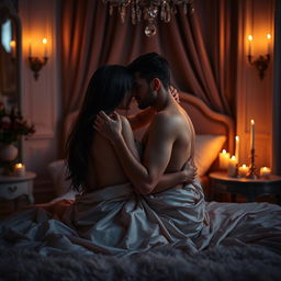 A sensual and romantic atmosphere featuring an intimate scene of two lovers embracing each other in a dimly lit room decorated with soft, warm lighting