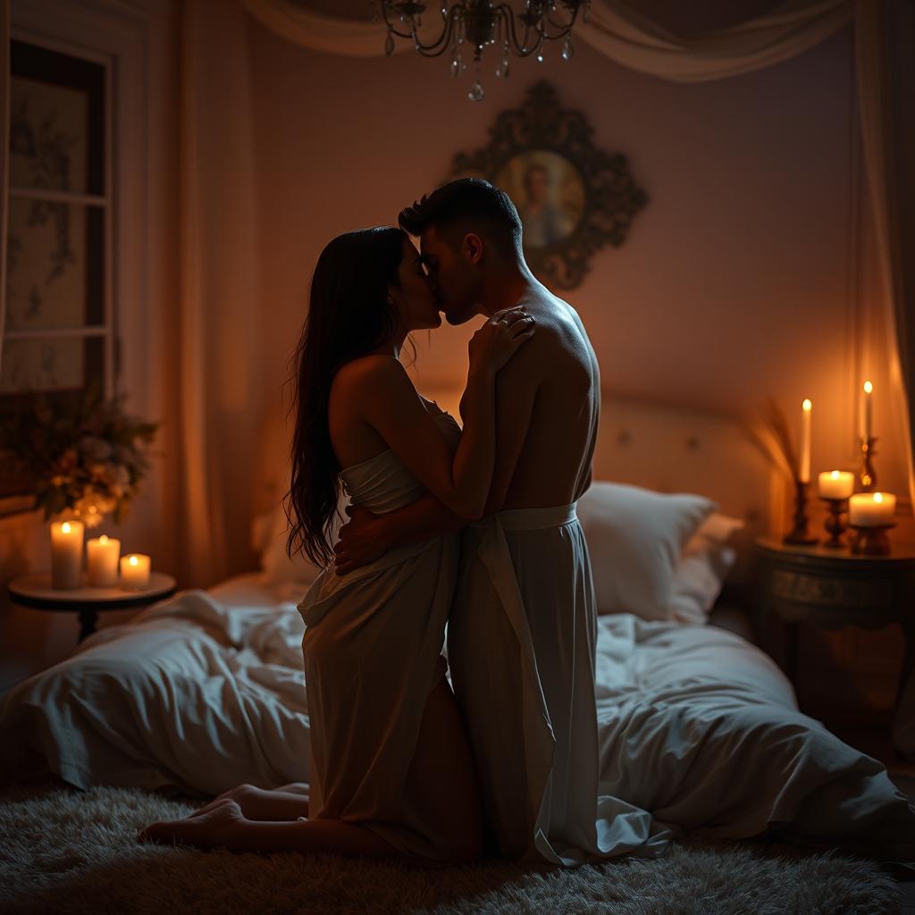 A sensual and romantic atmosphere featuring an intimate scene of two lovers embracing each other in a dimly lit room decorated with soft, warm lighting