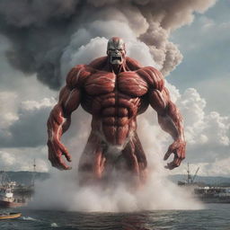 Instead of a nuclear explosion, a 60-meter tall Colossal Titan emerging from a cloud of smoke and steam with power and fury, standing tall over the disrupted harbor.