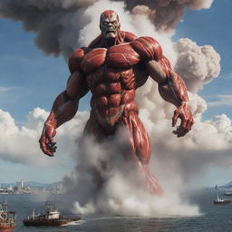 Instead of a nuclear explosion, a 60-meter tall Colossal Titan emerging from a cloud of smoke and steam with power and fury, standing tall over the disrupted harbor.