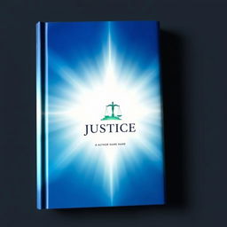 A modern book cover design incorporating a celestial theme of heavenly justice, while maintaining the specified colors of blue, white, and light green