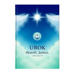 A modern book cover design incorporating a celestial theme of heavenly justice, while maintaining the specified colors of blue, white, and light green