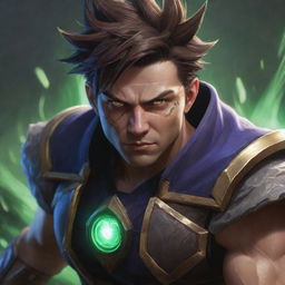 A dynamic and detailed portrait of Sett from League of Legends, surrounded by cool visual effects that emphasize his strength and energy.