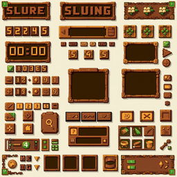 A comprehensive pixel art spritesheet designed for a 2D graphical user interface for a board game