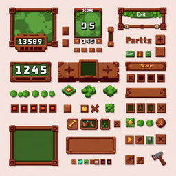 A comprehensive pixel art spritesheet designed for a 2D graphical user interface for a board game