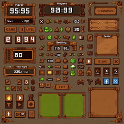 A comprehensive pixel art spritesheet designed for a 2D graphical user interface for a board game