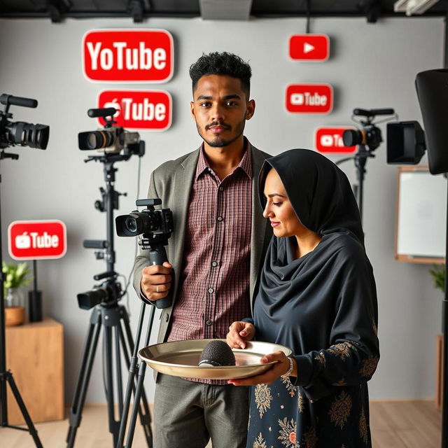 A man holding a camera on a tripod and a woman holding a tray, both standing in a modern studio environment