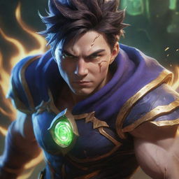 A dynamic and detailed portrait of Sett from League of Legends, surrounded by cool visual effects that emphasize his strength and energy.