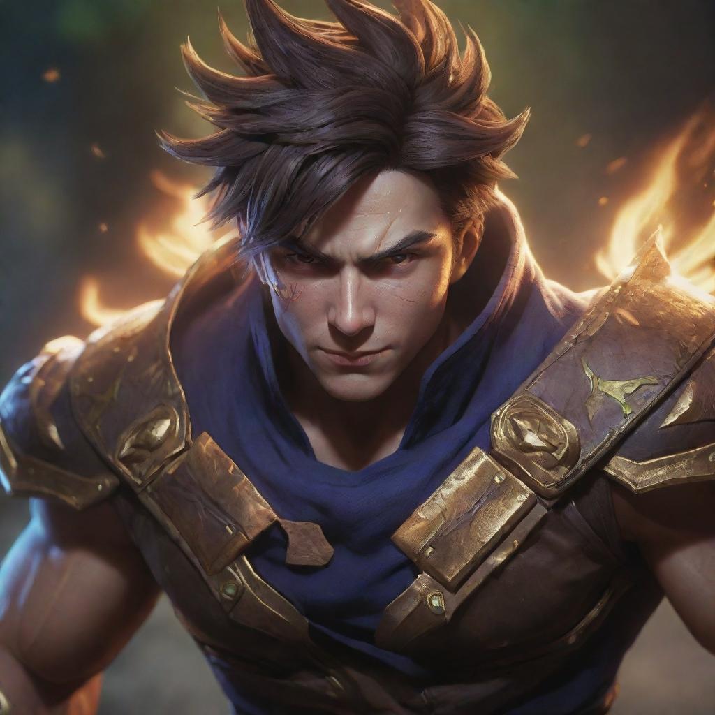 A dynamic and detailed portrait of Sett from League of Legends, surrounded by cool visual effects that emphasize his strength and energy.