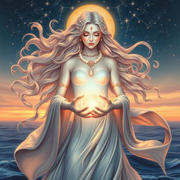 A powerful and ethereal goddess representing cancer, embodying the elements of nurturing and transformation