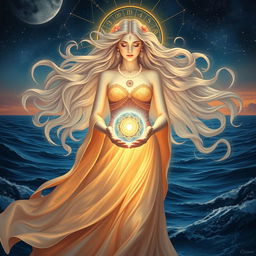 A powerful and ethereal goddess representing cancer, embodying the elements of nurturing and transformation