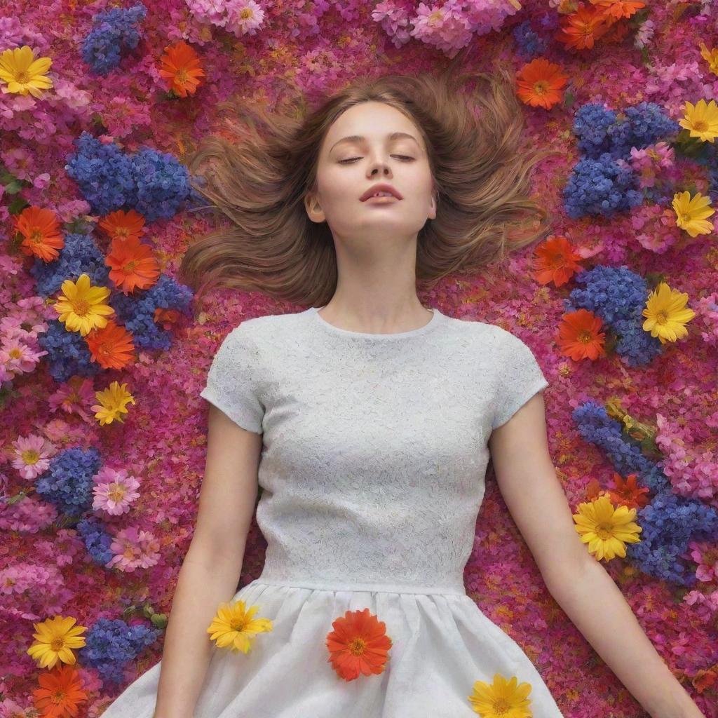 A beautifully animated scene of a girl lying peacefully on a carpet of vibrant flowers, their petals swaying gently in a brisk spring breeze.