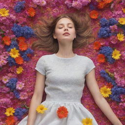 A beautifully animated scene of a girl lying peacefully on a carpet of vibrant flowers, their petals swaying gently in a brisk spring breeze.