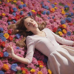 A beautifully animated scene of a girl lying peacefully on a carpet of vibrant flowers, their petals swaying gently in a brisk spring breeze.