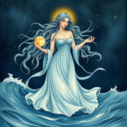 A celestial depiction of the Cancer zodiac goddess, symbolizing emotional sensitivity and nurturing qualities