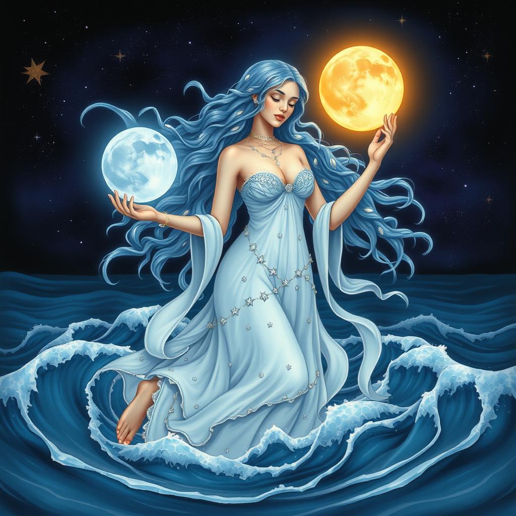 A celestial depiction of the Cancer zodiac goddess, symbolizing emotional sensitivity and nurturing qualities