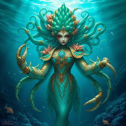 A stunning representation of a crab goddess, featuring a majestic figure adorned with intricate shell-like armor, green and blue hues reminiscent of the ocean