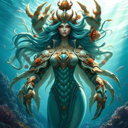 A stunning representation of a crab goddess, featuring a majestic figure adorned with intricate shell-like armor, green and blue hues reminiscent of the ocean