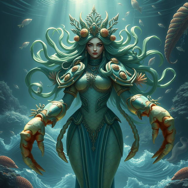 A stunning representation of a crab goddess, featuring a majestic figure adorned with intricate shell-like armor, green and blue hues reminiscent of the ocean